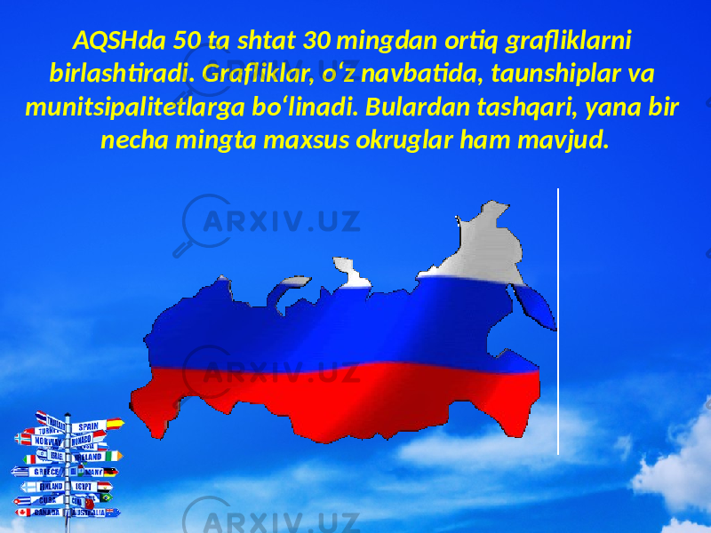 AQSHda 50 ta shtat 30 mingdan ortiq grafliklarni birlashtiradi. Grafliklar, o‘z navbatida, taunshiplar va munitsipalitetlarga bo‘linadi. Bulardan tashqari, yana bir necha mingta maxsus okruglar ham mavjud. 