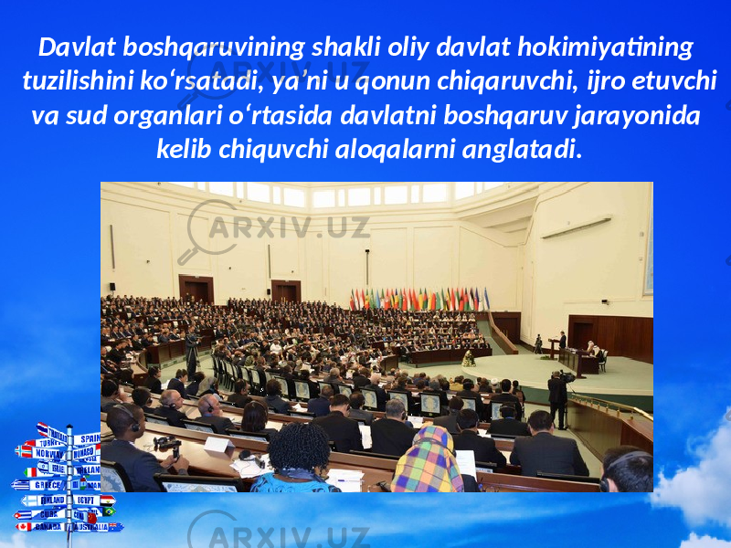 Davlat boshqaruvining shakli oliy davlat hokimiyatining tuzilishini ko‘rsatadi, ya’ni u qonun chiqaruvchi, ijro etuvchi va sud organlari o‘rtasida davlatni boshqaruv jarayonida kelib chiquvchi aloqalarni anglatadi. 