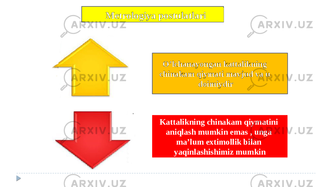 Metrologiya postulatlari O’lchanayongan kattalikning chinakam qiymati mavjud va u doimiydir Kattalikning chinakam qiymatini aniqlash mumkin emas , unga ma’lum extimollik bilan yaqinlashishimiz mumkin 