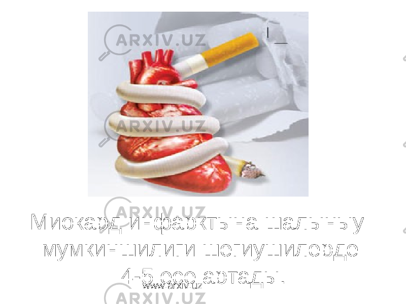 Миокард инфарктына шалыныу мумкиншилиги шегиушилерде 4-5 есе артады. www.arxiv.uz 