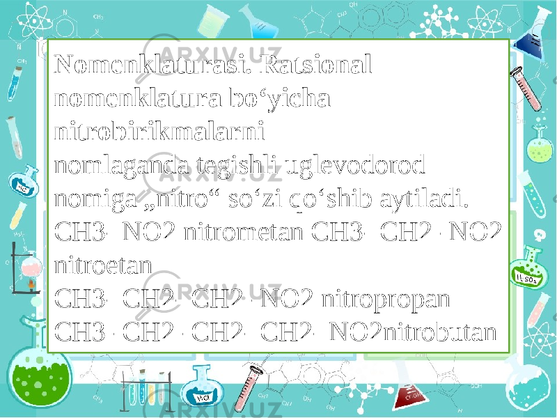 Nomenklaturasi. Ratsional nomenklatura bo‘yicha nitrobirikmalarni nomlaganda tegishli uglevodorod nomiga „nitro“ so‘zi qo‘shib aytiladi. CH3- NO2 nitrometan CH3- CH2 -NO2 nitroetan CH3- CH2- CH2 -NO2 nitropropan CH3 -CH2 -CH2- CH2- NO2nitrobutan 