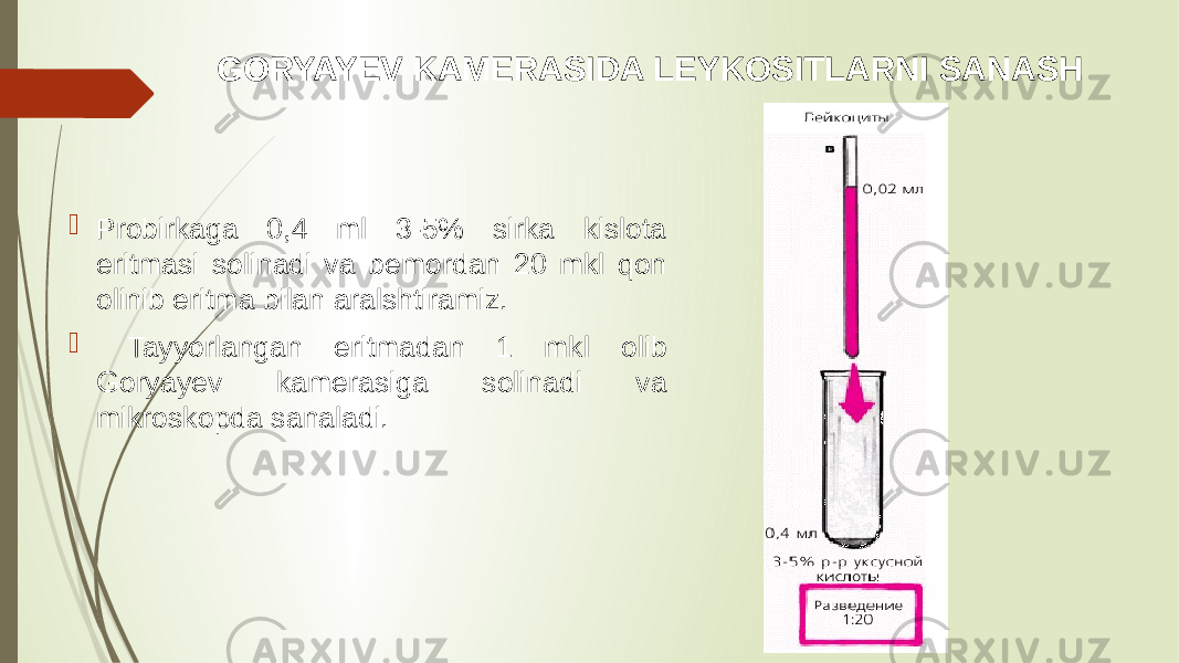  Probirkaga 0,4 ml 3-5% sirka kislota eritmasi solinadi va bemordan 20 mkl qon olinib eritma bilan aralshtiramiz.  Tayyorlangan eritmadan 1 mkl olib Goryayev kamerasiga solinadi va mikroskopda sanaladi. GORYAYEV KAMERASIDA LEYKOSITLARNI SANASH 