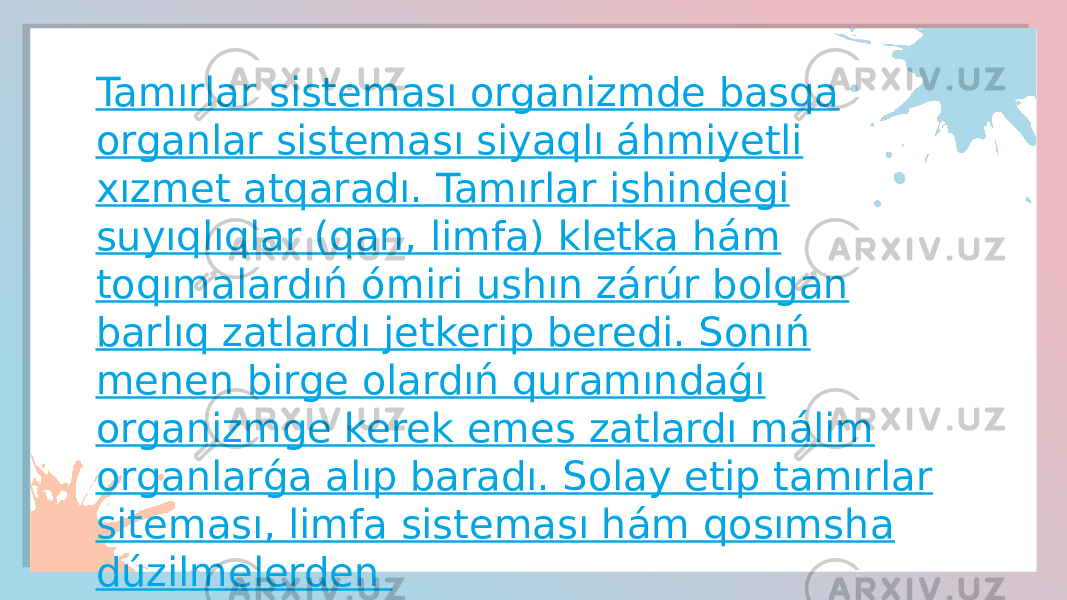 Tamırlar sisteması organizmde basqa organlar sisteması siyaqlı áhmiyetli xızmet atqaradı. Tamırlar ishindegi suyıqlıqlar (qan, limfa) kletka hám toqımalardıń ómiri ushın zárúr bolgan barlıq zatlardı jetkerip beredi. Sonıń menen birge olardıń quramındaǵı organizmge kerek emes zatlardı málim organlarǵa alıp baradı. Solay etip tamırlar siteması, limfa sisteması hám qosımsha dúzilmelerden quralǵan. 