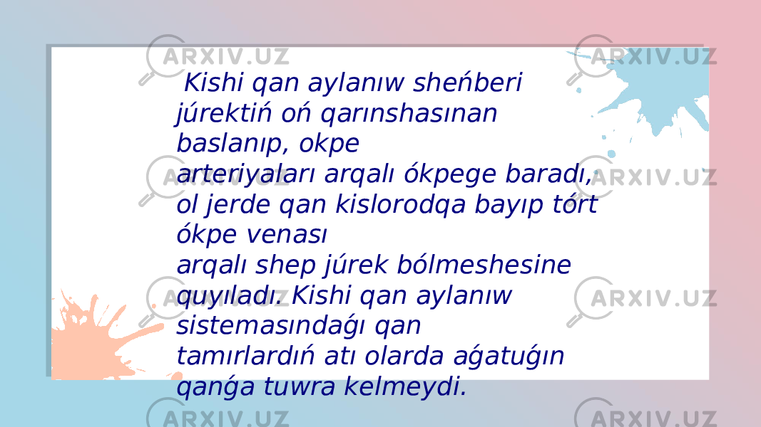  Kishi qan aylanıw sheńberi júrektiń oń qarınshasınan baslanıp, okpe arteriyaları arqalı ókpege baradı, ol jerde qan kislorodqa bayıp tórt ókpe venası arqalı shep júrek bólmeshesine quyıladı. Kishi qan aylanıw sistemasındaǵı qan tamırlardıń atı olarda aǵatuǵın qanǵa tuwra kelmeydi. 