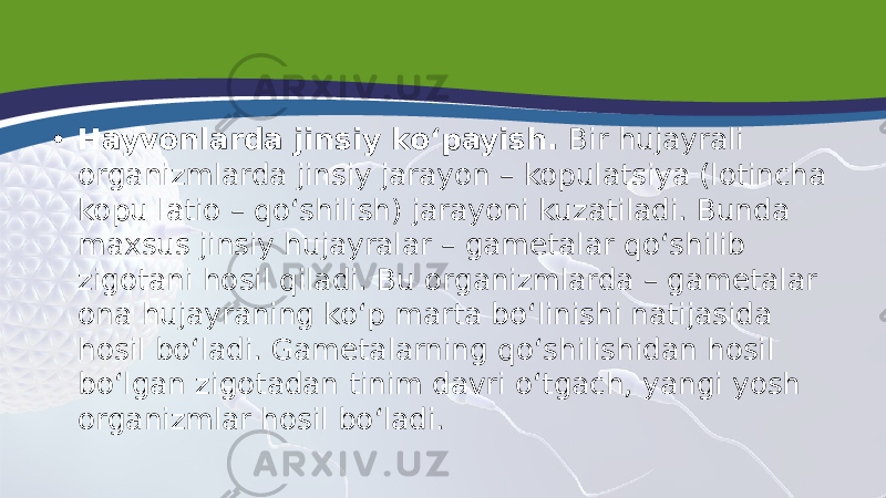 • Hayvonlarda jinsiy ko‘payish. Bir hujayrali organizmlarda jinsiy jarayon – kopulatsiya (lotincha kopu latio – qo‘shilish) jarayoni kuzatiladi. Bunda maxsus jinsiy hujayralar – gametalar qo‘shilib zigotani hosil qiladi. Bu organizmlarda – gametalar ona hujayraning ko‘p marta bo‘linishi natijasida hosil bo‘ladi. Gametalarning qo‘shilishidan hosil bo‘lgan zigotadan tinim davri o‘tgach, yangi yosh organizmlar hosil bo‘ladi. 