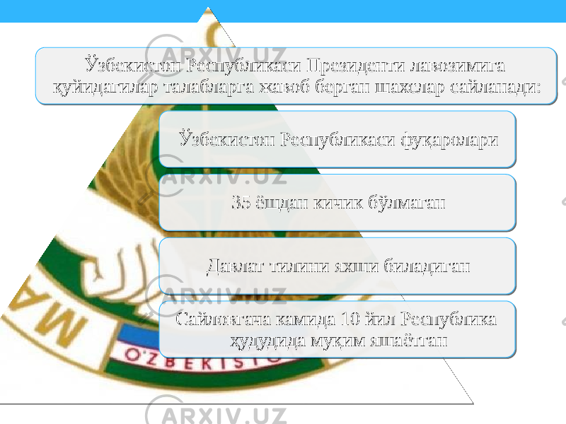 Ўзбекистон Республикаси Президенти лавозимига қуйидагилар талабларга жавоб берган шахслар сайланади: Ўзбекистон Республикаси фуқаролари 35 ёшдан кичик бўлмаган Давлат тилини яхши биладиган Сайловгача камида 10 йил Республика ҳудудида муқим яшаётган 01 17 0102 1E 23 25 280E 