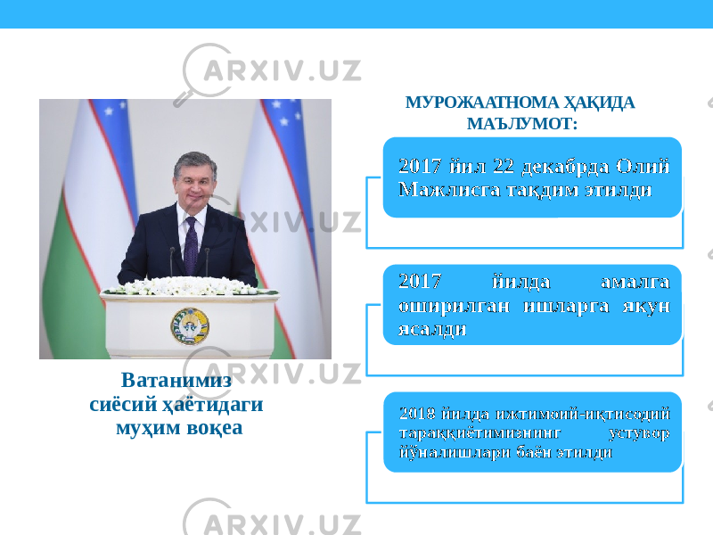 МУРОЖААТНОМА ҲАҚИДА МАЪЛУМОТ: 2017 йил 22 декабрда Олий Мажлисга тақдим этилди 2017 йилда амалга оширилган ишларга якун ясалди 2018 йилда ижтимоий-иқтисодий тараққиётимизнинг устувор йўналишлари баён этилдиВатанимиз сиёсий ҳаётидаги муҳим воқеа 