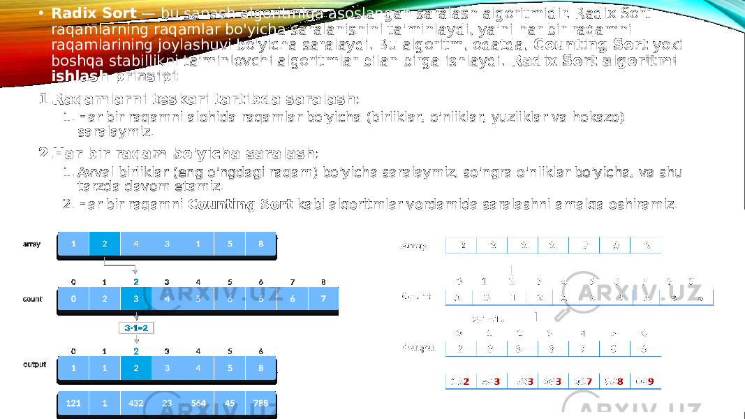 • Radix Sort — bu sanash algoritmiga asoslangan saralash algoritmidir. Radix Sort raqamlarning raqamlar bo&#39;yicha saralanishini ta&#39;minlaydi, ya&#39;ni har bir raqamni raqamlarining joylashuvi bo&#39;yicha saralaydi. Bu algoritm, odatda, Counting Sort yoki boshqa stabillikni ta&#39;minlovchi algoritmlar bilan birga ishlaydi. Radix Sort algoritmi ishlash prinsipi: 1. Raqamlarni teskari tartibda saralash : 1. Har bir raqamni alohida raqamlar bo&#39;yicha (birliklar, o&#39;nliklar, yuzliklar va hokazo) saralaymiz. 2. Har bir raqam bo&#39;yicha saralash : 1. Avval birliklar (eng o&#39;ngdagi raqam) bo&#39;yicha saralaymiz, so&#39;ngra o&#39;nliklar bo&#39;yicha, va shu tarzda davom etamiz. 2. Har bir raqamni Counting Sort kabi algoritmlar yordamida saralashni amalga oshiramiz. 