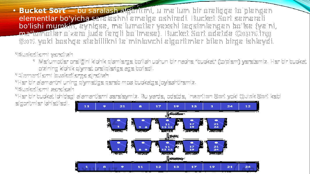 • Bucket Sort — bu saralash algoritmi, u ma&#39;lum bir oraliqqa to&#39;plangan elementlar bo&#39;yicha saralashni amalga oshiradi. Bucket Sort samarali bo&#39;lishi mumkin, ayniqsa, ma&#39;lumotlar yaxshi taqsimlangan bo&#39;lsa (ya&#39;ni, ma&#39;lumotlar o&#39;zaro juda farqli bo&#39;lmasa). Bucket Sort odatda Counting Sort yoki boshqa stabillikni ta&#39;minlovchi algoritmlar bilan birga ishlaydi. • Bucketlarni yaratish : • Ma&#39;lumotlar oraliğini kichik qismlarga bo&#39;lish uchun bir necha &#34;bucket&#34; (to&#39;plam) yaratamiz. Har bir bucket o&#39;zining kichik qiymat oraliqlariga ega bo&#39;ladi. • Elementlarni bucketlarga ajratish : • Har bir elementni uning qiymatiga qarab mos bucketga joylashtiramiz. • Bucketlarni saralash : • Har bir bucket ichidagi elementlarni saralaymiz. Bu yerda, odatda, Insertion Sort yoki Quick Sort kabi algoritmlar ishlatiladi. 