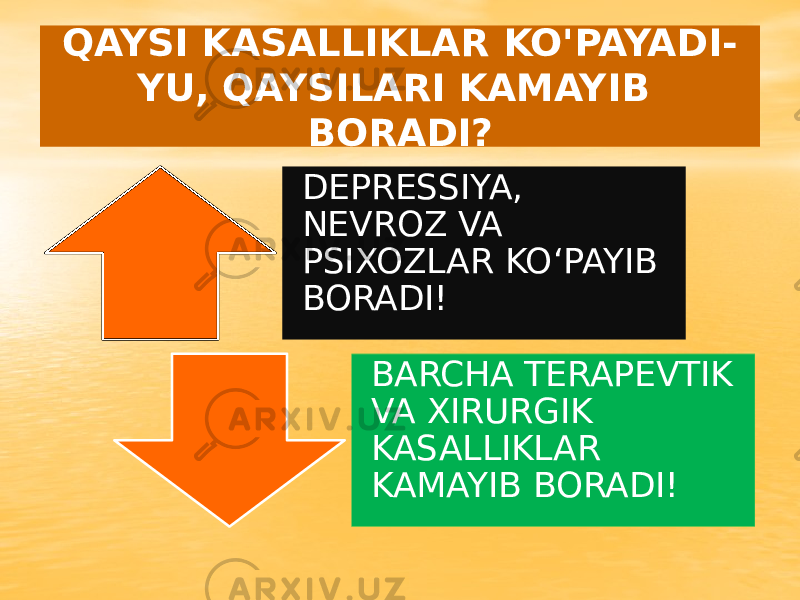 QAYSI KASALLIKLAR KO&#39;PAYADI- YU, QAYSILARI KAMAYIB BORADI? DEPRESSIYA, NEVROZ VA PSIXOZLAR KO‘PAYIB BORADI! BARCHA TERAPEVTIK VA XIRURGIK KASALLIKLAR KAMAYIB BORADI! 