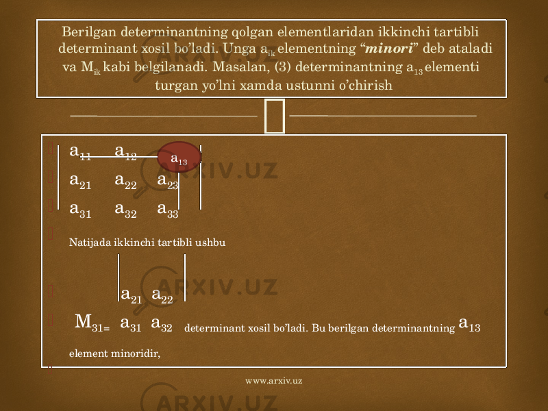 Berilgan determinantning qolgan elementlaridan ikkinchi tartibli determinant xosil bo’ladi. Unga a ik elementning “ minori ” deb ataladi va M ik kabi belgilanadi. Masalan, (3) determinantning a 13 elementi turgan yo’lni xamda ustunni o’chirish  a 11 a 12  a 21 a 22 a 23  a 31 a 32 a 33  Natijada ikkinchi tartibli ushbu  a 21 a 22  M 31= a 31 a 32 determinant xosil bo’ladi. Bu berilgan determinantning a 13 element minoridir,  a 13 www.arxiv.uz 