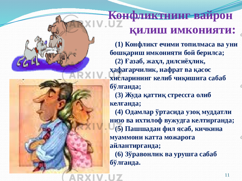 11 (1) Конфликт ечими топилмаса ва уни бошқариш имконияти бой берилса; (2) Ғазаб, жаҳл, дилсиёҳлик, ҳафагарчилик, нафрат ва қасос хисларининг келиб чиқишига сабаб бўлганда; (3) Жуда қаттиқ стрессга олиб келганда; (4) Одамлар ўртасида узоқ муддатли низо ва ихтилоф вужудга келтирганда; (5) Пашшадан фил ясаб, кичкина муаммони катта можарога айлантирганда; (6) Зўравонлик ва урушга сабаб бўлганда.Конфликтнинг вайрон қилиш имконияти: 