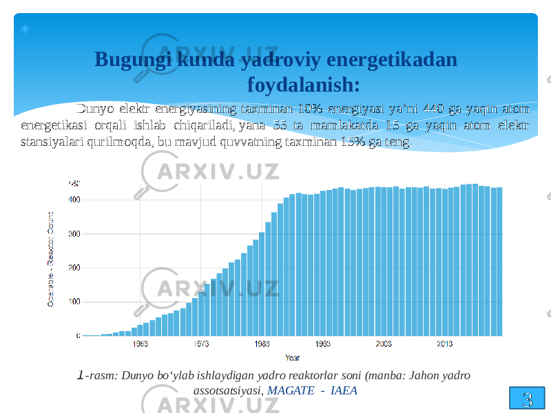  Bugungi kunda yadroviy energetikadan foydalanish: Dunyo elektr energiyasining taxminan 10% energiyasi ya’ni 440 ga yaqin atom energetikasi orqali ishlab chiqariladi, yana 55 ta mamlakatda 15 ga yaqin atom elektr stansiyalari qurilmoqda, bu mavjud quvvatning taxminan 15% ga teng . 31 -rasm: Dunyo bo‘ylab ishlaydigan yadro reaktorlar soni (manba: Jahon yadro assotsatsiyasi, MAGATE - IAEA 