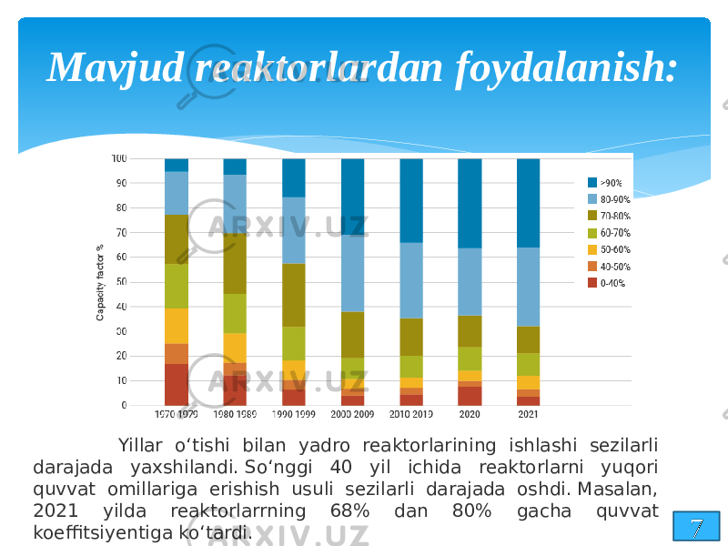 Mavjud reaktorlardan foydalanish: 7 Yillar o‘tishi bilan yadro reaktorlarining ishlashi sezilarli darajada yaxshilandi. So‘nggi 40 yil ichida reaktorlarni yuqori quvvat omillariga erishish usuli sezilarli darajada oshdi. Masalan, 2021 yilda reaktorlarrning 68% dan 80% gacha quvvat koeffitsiyentiga ko‘tardi. 