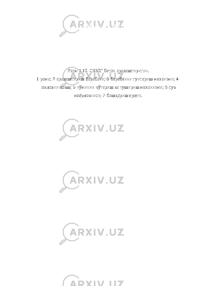 Расм 1.10. СБ30Г бетон аралаштиригич. 1-рама; 2-аралаштириш барабани; 3-барабанни тунтариш механзми; 4- юкловчи ковш; 5-чўмични кўтариш ва тушириш механизми; 6-сув меёрловчиси; 7-бошқариш пулти. 