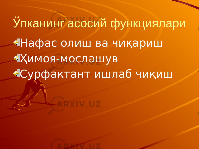 Ўпканинг асосий функциялари Нафас олиш ва чиқариш Ҳимоя-мослашув Сурфактант ишлаб чиқиш 