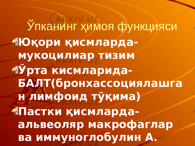 Ўпканинг ҳимоя функцияси Юқори қисмларда- мукоцилиар тизим Ўрта кисмларида- БАЛТ(бронхассоциялашга н лимфоид тўқима) Пастки қисмларда- альвеоляр макрофаглар ва иммуноглобулин А. 