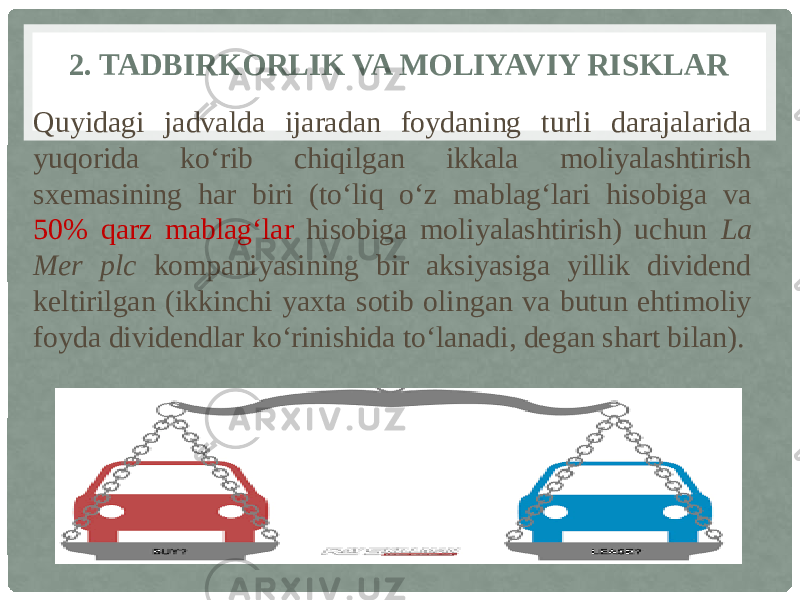 2. TADBIRKORLIK VA MOLIYAVIY RISKLAR Quyidagi jadvalda ijaradan foydaning turli darajalarida yuqorida ko‘rib chiqilgan ikkala moliyalashtirish sxemasining har biri (to‘liq o‘z mablag‘lari hisobiga va 50% qarz mablag‘lar hisobiga moliyalashtirish) uchun La Mer plc kompaniyasining bir aksiyasiga yillik dividend keltirilgan (ikkinchi yaxta sotib olingan va butun ehtimoliy foyda dividendlar ko‘rinishida to‘lanadi, degan shart bilan). 