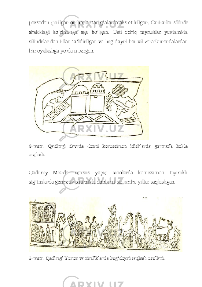 paxsadan qurilgan omborlar tamg’alarda aks ettirilgan. Omborlar silindr shakldagi ko’rinishga ega bo’lgan. Usti ochiq tuynuklar yordamida silindrlar don bilan to’ldirilgan va bug’doyni har xil zararkunandalardan himoyalashga yordam bergan. 8-rasm. Qadimgi davrda donni konussimon idishlarda germetik holda saqlash. Qadimiy Misrda maxsus yopiq binolarda konussimon tuynukli sig’imlarda germetik sharoitda donlarni bir necha yillar saqlashgan. 9-rasm. Qadimgi Yunon va rimliklarda bug’doyni saqlash usullari. 