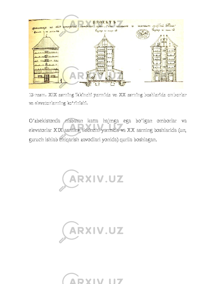  13-rasm. XIX asrning ikkinchi yarmida va XX asrning boshlarida omborlar va elevatorlarning ko’rinishi. O’zbekistonda nisbatan katta hajmga ega bo’lgan omborlar va elevatorlar XIX asrning ikkinchi yarmida va XX asrning boshlarida (un, guruch ishlab chiqarish zavodlari yonida) qurila boshlagan. 