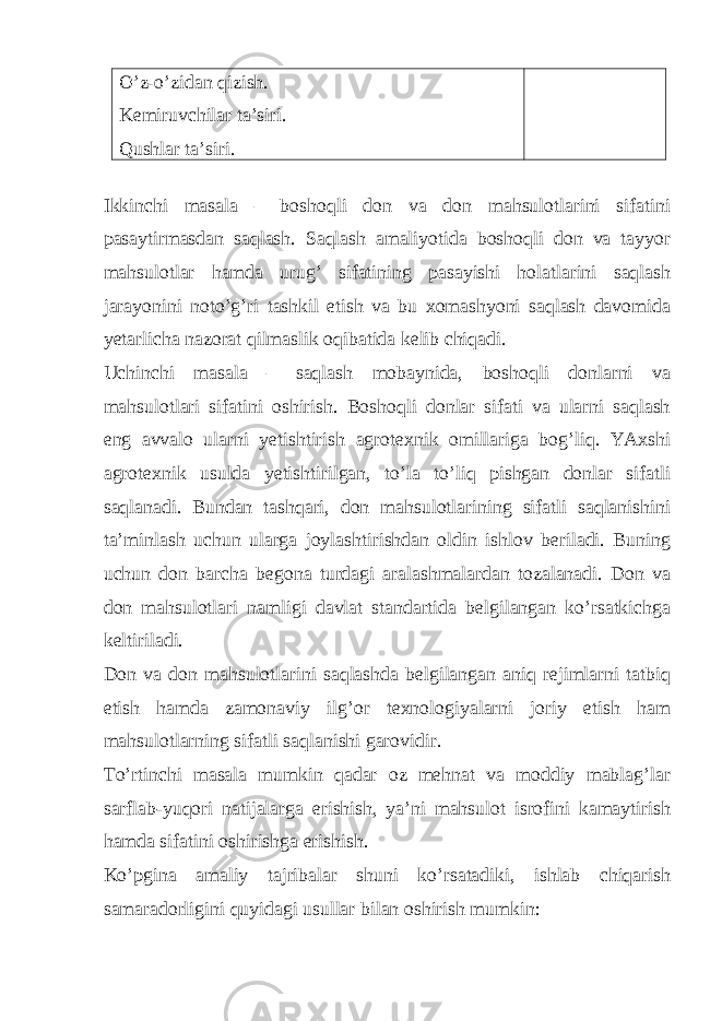 O’z-o’zidan qizish. Kemiruvchilar ta’siri. Qushlar ta’siri. Ikkinchi masala – boshoqli don va don mahsulotlarini sifatini pasaytirmasdan saqlash. Saqlash amaliyotida boshoqli don va tayyor mahsulotlar hamda urug’ sifatining pasayishi holatlarini saqlash jarayonini noto’g’ri tashkil etish va bu xomashyoni saqlash davomida yetarlicha nazorat qilmaslik oqibatida kelib chiqadi. Uchinchi masala – saqlash mobaynida, boshoqli donlarni va mahsulotlari sifatini oshirish. Boshoqli donlar sifati va ularni saqlash eng avvalo ularni yetishtirish agrotexnik omillariga bog’liq. YAxshi agrotexnik usulda yetishtirilgan, to’la to’liq pishgan donlar sifatli saqlanadi. Bundan tashqari, don mahsulotlarining sifatli saqlanishini ta’minlash uchun ularga joylashtirishdan oldin ishlov beriladi. Buning uchun don barcha begona turdagi aralashmalardan tozalanadi. Don va don mahsulotlari namligi davlat standartida belgilangan ko’rsatkichga keltiriladi. Don va don mahsulotlarini saqlashda belgilangan aniq rejimlarni tatbiq etish hamda zamonaviy ilg’or texnologiyalarni joriy etish ham mahsulotlarning sifatli saqlanishi garovidir. To’rtinchi masala mumkin qadar oz mehnat va moddiy mablag’lar sarflab-yuqori natijalarga erishish, ya’ni mahsulot isrofini kamaytirish hamda sifatini oshirishga erishish. Ko’pgina amaliy tajribalar shuni ko’rsatadiki, ishlab chiqarish samaradorligini quyidagi usullar bilan oshirish mumkin: 