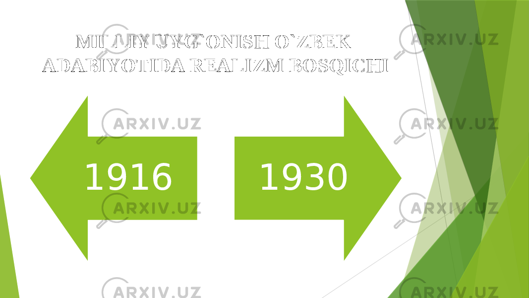 MILLIY UYG`ONISH O`ZBEK ADABIYOTIDA REALIZM BOSQICHI 1916 1930 