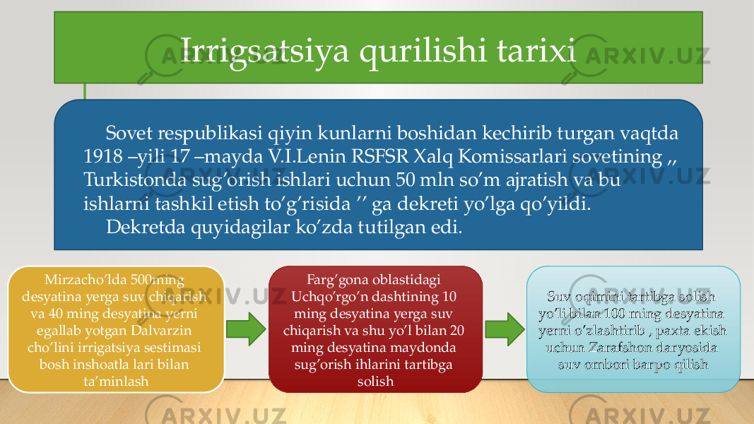 Irrigsatsiya qurilishi tarixi Sovet respublikasi qiyin kunlarni boshidan kechirib turgan vaqtda 1918 –yili 17 –mayda V.I.Lenin RSFSR Xalq Komissarlari sovetining ,, Turkistonda sug’orish ishlari uchun 50 mln so’m ajratish va bu ishlarni tashkil etish to’g’risida ’’ ga dekreti yo’lga qo’yildi. Dekretda quyidagilar ko’zda tutilgan edi. Mirzacho’lda 500ming desyatina yerga suv chiqarish va 40 ming desyatina yerni egallab yotgan Dalvarzin cho’lini irrigatsiya sestimasi bosh inshoatla lari bilan ta’minlash Farg’gona oblastidagi Uchqo’rgo’n dashtining 10 ming desyatina yerga suv chiqarish va shu yo’l bilan 20 ming desyatina maydonda sug’orish ihlarini tartibga solish Suv oqimini tartibga solish yo’li bilan 100 ming desyatina yerni o’zlashtirib , paxta ekish uchun Zarafshon daryosida suv ombori barpo qilish 