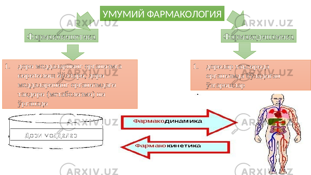 УМУМИЙ ФАРМАКОЛОГИЯ Фармакокинетика Фармакодинамика 1. дори моддаларнинг организмга киритилиш йўллари, дори моддаларининг организмдаги такдири (метаболизми) ни ўрганади 1. дорилар таъсирида организмда бўладиган ўзгаришлар Дори моддалар 