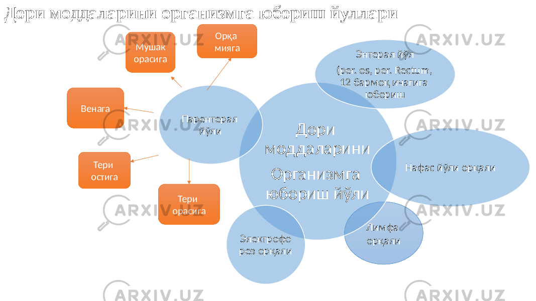 Лимфа орқалиДори моддаларини организмга юбориш йуллари Дори моддаларини Организмга юбориш йўли Энтерал йўл (per. оs, per. Rectum, 12 бармоқ ичагига юбориш Нафас йўли орқали Электрофо рез орқалиПарентерал йўли Тери остига Тери орасигаМушак орасига Венага Орқа мияга 