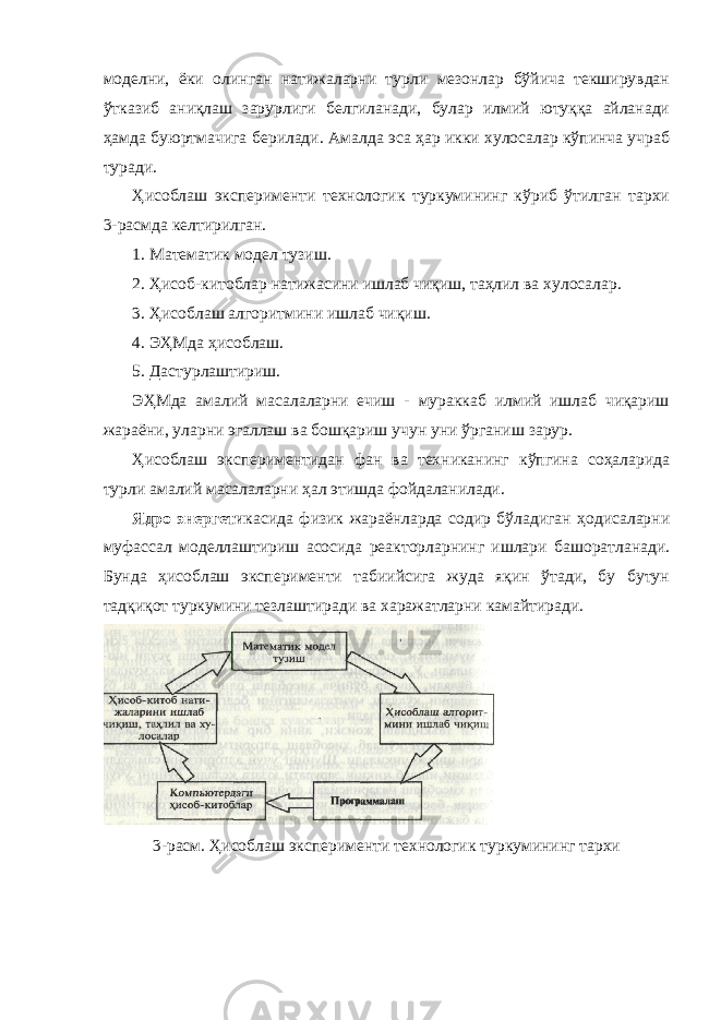 моделни, ёки олинган натижаларни турли мезонлар бўйича текширувдан ўтказиб аниқлаш зарурлиги белгиланади, булар илмий ютуққа айланади ҳамда буюртмачига берилади. Амалда эса ҳар икки хулосалар кўпинча учраб туради. Ҳисоблаш эксперименти технологик туркумининг кўриб ўтилган тархи 3-расмда келтирилган. 1. Математик модел тузиш. 2. Ҳисоб-китоблар натижасини ишлаб чиқиш, таҳлил ва хулосалар. 3. Ҳисоблаш алгоритмини ишлаб чиқиш. 4. ЭҲМда ҳисоблаш. 5. Дастурлаштириш. ЭҲМда амалий масалаларни ечиш - мураккаб илмий ишлаб чиқариш жараёни, уларни эгаллаш ва бошқариш учун уни ўрганиш зарур. Ҳисоблаш экспериментидан фан ва техниканинг кўпгина соҳаларида турли амалий масалаларни ҳал этишда фойдаланилади. Ядро энергети касида физик жараёнларда содир бўладиган ҳодисаларни муфассал моделлаштириш асосида реакторларнинг ишлари башоратланади. Бунда ҳисоблаш эксперименти табиийсига жуда яқин ўтади, бу бутун тадқиқот туркумини тезлаштиради ва харажатларни камайтиради. 3-ра с м. Ҳисоблаш эксперименти технологик туркумининг тархи 