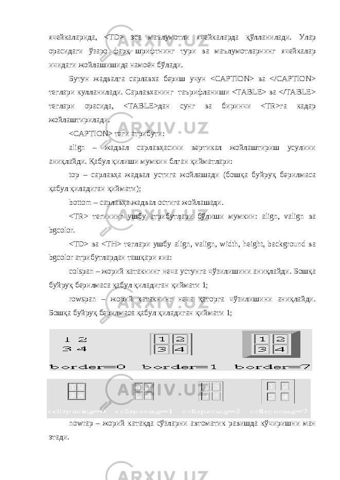 ячейкаларида, <TD> эса маълумотли ячейкаларда қў лланилади. Улар орасидаги ўзаро фар қ шрифтнинг тури ва маълумотларнинг ячейкалар ичидаги жойлашишида намоён б ўлади. Бутун жадвалга сарлавха бериш учун <CAPTION> ва </CAPTION> теглари кулланилади. Сарлавханинг таърифланиши <TABLE> ва </TABLE> теглари орасида, <TABLE>дан сунг ва биринчи <TR>га кадар жойлаштирилади. <CAPTION> теги атрибути: align – жадвал сарлавҳасини вертикал жойлаштириш усулини аниқлайди. Қабул қилиши мумкин блган қийматлари: top – сарлавҳа жадвал устига жойлашади (бошқа буйруқ берилмаса қабул қиладиган қиймати); bottom – сарлавҳа жадвал остига жойлашади. <TR> тегининг ушбу атрибутлари бўлиши мумкин: align, valign ва bgcolor. <TD> ва <TH> теглари ушбу align, valign, width, height, background ва bgcolor атрибутлардан ташқари яна: colspan – жорий катакнинг неча устунга чўзилишини аниқлайди. Бошқа буйруқ берилмаса қабул қиладиган қиймати 1; rowspan – жорий катакнинг неча қаторга чўзилишини аниқлайди. Бошқа буйруқ берилмаса қабул қиладиган қиймати 1; nowrap – жорий катакда сўзларни автоматик равишда кўчиришни ман этади. 