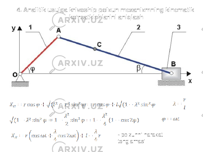 4. Analitik usulga krivoship-polzun mexanizmning kinematik ko’rsatkichlarini aniqlash - polzunni harakat tenglamasi 