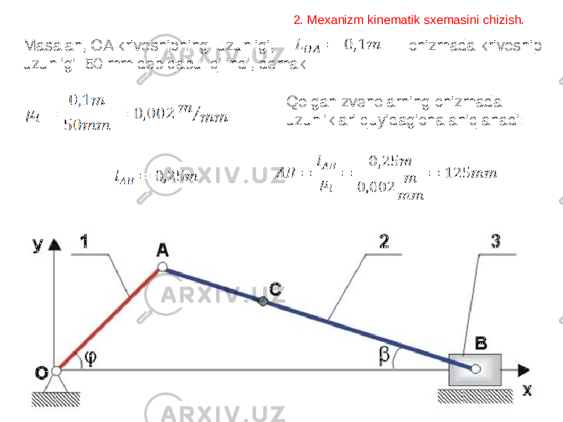 Masalan, OA krivoshipning uzunligi, chizmada krivoship uzunligi 50 mm deb qabul qilindi, demak Qolgan zvenolarning chizmada uzunliklari quyidagicha aniqlanadi: 2. Mexanizm kinematik sxemasini chizish. 