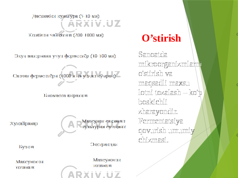 Sanoatda mikroorganizmlarni o&#39;stirish va maqsadli maxsu- lotni tozalash – ko&#39;p boskichli zharayondir. Fermentatsiya qovurish umumiy chizmasi. O’stirish 