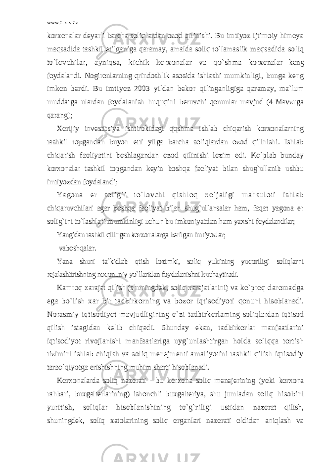 www.arxiv.uz korxonalar deyarli barcha soliqlardan ozod qilinishi. Bu imtiyoz ijtimoiy himoya maqsadida tashkil etilganiga qaramay, amalda soliq to`lamaslik maqsadida soliq to`lovchilar, ayniqsa, kichik korxonalar va qo`shma korxonalar keng foydalandi. Nogironlarning qrindoshlik asosida ishlashi mumkinligi, bunga keng imkon berdi. Bu imtiyoz 2003 yildan bekor qilinganligiga qaramay, ma`lum muddatga ulardan foydalanish huquqini beruvchi qonunlar mavjud (4-Mavzuga qarang); Xorijiy investitsiya ishtirokidagi qqshma ishlab chiqarish korxonalarning tashkil topgandan buyon etti yilga barcha soliqlardan ozod qilinishi. Ishlab chiqarish faoliyatini boshlagandan ozod qilinishi lozim edi. Ko`plab bunday korxonalar tashkil topgandan keyin boshqa faoliyat bilan shug`ullanib ushbu imtiyozdan foydalandi; Ya go na er so l i g` i t o` l o vc hi q i s hl oq xo` j a l i gi m ah su l o t i i sh l a b chiqaruvchilari agar boshqa faoliyat bilan shug`ullansalar ham, faqat yagona er solig`ini to`lashlari mumkinligi uchun bu imkoniyatdan ham yaxshi foydalandilar; Yangidan tashkil qilingan korxonalarga berilgan imtiyozlar; vaboshqalar. Yana shuni ta`kidlab qtish lozimki, soliq yukining yuqoriligi soliqlarni rejalashtirishning noqonuniy yo`llaridan foydalanishni kuchaytiradi. Kamroq xarajat qilish (shuningdek, soliq xarajatlarini) va ko`proq daromadga ega bo`lish xar bir tadbirkorning va bozor iqtisodiyoti qonuni hisoblanadi. Norasmiy iqtisodiyot mavjudligining o`zi tadbirkorlaming soliqlardan iqtisod qilish istagidan kelib chiqadi. Shunday ekan, tadbirkorlar manfaatlarini iqtisodiyot rivojlanishi manfaatlariga uyg`unlashtirgan holda soliqqa tortish tizimini ishlab chiqish va soliq menejmenti amaliyotini tashkil qilish iqtisodiy tarao`qiyotga erishishning muhim sharti hisoblanadi. Korxonalarda soliq nazorati - bu korxona soliq menejerining (yoki korxona rahbari, buxgalterlarining) ishonchli buxgalteriya, shu jumladan soliq hisobini yuritish, soliqlar hisoblanishining to`g`riligi ustidan nazorat qilish, shuningdek, soliq xatolarining soliq organlari nazorati oldidan aniqlash va 