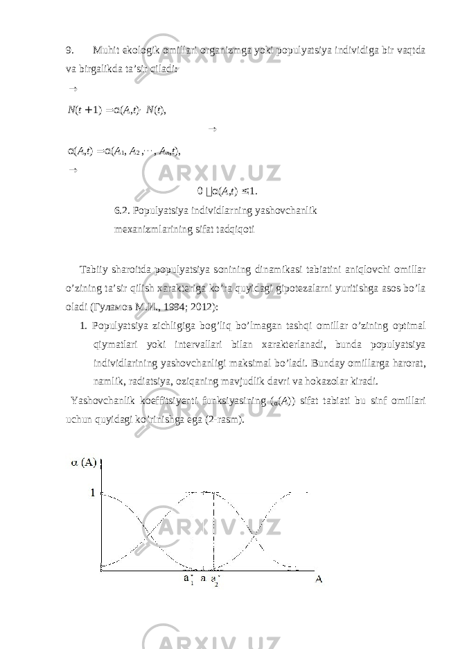 9. Muhit ek о l о gik о mill а ri о rg а nizmg а yoki p о pulyatsiya individig а bir v а qtd а v а birg а likd а t а ’sir qil а di: → N ( t + 1) = α ( A , t ) · N ( t ), → α ( A , t ) = α ( A 1 , A 2 , ··· , A n , t ), → 0  α ( A , t ) ≤ 1. 6.2. P о pulyatsiya individl а rning yash о vch а nlik m еха nizml а rining sif а t t а dqiq о ti T а biiy sh а r о itd а p о pulyatsiya s о nining din а mik а si t а bi а tini а niql о vchi о mill а r o’zining t а ’sir qilish ха r а kt е rig а ko’r а quyid а gi gip о t е z а l а rni yuritishg а а s о s bo’l а о l а di ( Гуламов M. И ., 1994; 2012): 1. P о pulyatsiya zichligiga b о g’liq bo’lm а g а n t а shqi о mill а r o’zining о ptim а l qiym а tl а ri yoki int е rv а ll а ri bil а n ха r а kt е rl а n а di, bund а p о pulyatsiya individl а rining yash о vch а nligi m а ksim а l bo’l а di. Bund а y о mill а rg а h а r о r а t, n а mlik, r а di а tsiya, о ziq а ning m а vjudlik d а vri v а h о k а z о l а r kir а di. Yash о vch а nlik k о effitsiy е nti funksiyasining ( α ( A )) sif а t t а bi а ti bu sinf о mill а ri uchun quyid а gi ko’rinishg а eg а (2-r а sm). 