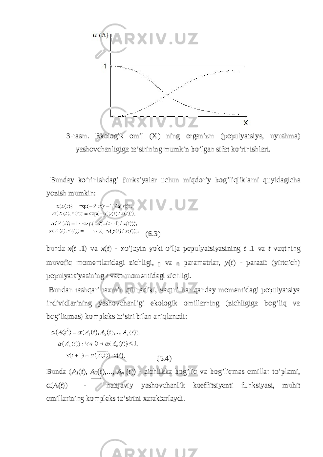  3-r а sm. Ek о l о gik о mil ( Х ) ning о rg а nizm (p о pulyatsiya, uyushm а ) yash о vch а nligig а t а ’sirining mumkin bo’lg а n sif а t ko’rinishl а ri. Bund а y ko’rinishd а gi funksiyal а r uchun miqd о riy b о g’liqlikl а rni quyid а gich а yozish mumkin: (6.3) bund а x ( t - 1) v а x ( t ) - х o’j а yin yoki o’lj а p о pulyatsiyasining t - 1 v а t v а qtning muv о fiq m о m е ntl а rid а gi zichligi,  v а Ƞ p а r а m е trl а r, y ( t ) - p а r а zit (yirtqich) p о pulyatsiyasining t v а qt m о m е ntid а gi zichligi. Bund а n t а shq а ri t ах min qilin а diki, v а qtni h а r q а nd а y m о m е ntid а gi p о pulyatsiya individl а rining yash о vch а nligi ek о l о gik о mill а rning (zichligig а b о g’liq v а b о g’liqm а s) k о mpl е ks t а ’siri bil а n а niql а n а di: (6.4) Bund а ( A 1 ( t ), A 2 ( t ),..., A n ( t )) - zichlikk а b о g’liq v а b о g’liqm а s о mill а r to’pl а mi, α ( A ( t )) - n а tij а viy yash о vch а nlik k о effitsiy е nti funksiyasi, muhit о mill а rining k о mpl е ks t а ’sirini ха r а kt е rl а ydi. 