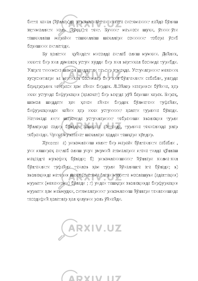 битта канал (йỹллар)да ривожланаётган иккита системанинг пайдо бỹлиш эҳтимоллиги нолъ (йỹққа)га тенг. Бунинг маъноси шуки, ỹзини-ỹзи ташкиллаш жараёни ташкиллаш шакллари сонининг тобора ỹсиб боришини англатади. Бу ҳолатни қуйидаги мисолда англаб олиш мумкин. Дейлик, иккита бир хил думалоқ устун худди бир хил вертикал босимда турибди. Уларга тинимсиз шамол шиддатли таъсир этмоқда. Устунларнинг механик хусусиятлари ва вертикал босимлар бир хил бỹлганлиги сабабли, уларда барқарорлик чегараси ҳам айнан бирдек . Л.Эйлер назарияси бỹйича, ҳар икки устунда бифуркация (ҳалокат) бир вақтда рỹй бериши керак. Бироқ, шамол шиддати ҳеч қачон айнан бирдек бỹлмагани туфайли, бифуркациядан кейин ҳар икки устуннинг ҳолати турлича бỹлади. Натижада янги шароитда устунларнинг тебраниши эволюция турли йўлларида содир бўлади. Бошқача айтганда, турлича текисликда улар тебранади. Чунки мувозанат шакллари ҳаддан ташқари кỹпдир. Хулоса: а) ривожланиш яхлит бир жараён бỹлганлиги сабабли , уни яхшироқ англаб олиш учун умумий атамаларни ягона тилда қўллаш мақсадга мувофиқ бỹлади; б) ривожланишнинг йỹллари хилма-хил бỹлганлиги туфайли танлов ҳам турли йỹналишга эга бỹлади; в) эволюцияда материя шакл (система )лари муҳитга мослашуви (адаптация) мурвати (механизми) бỹлади ; г) ундан ташқари эволюцияда бирфуркация мурвати ҳам мавжудки, ситемаларнинг ривожланиш йỹллари танланишида тасодифий ҳолатлар ҳал қилувчи роль ỹйнайди. 