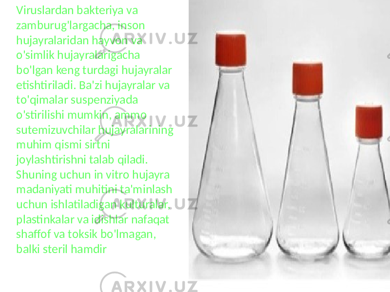  Viruslardan bakteriya va zamburug&#39;largacha, inson hujayralaridan hayvon va o&#39;simlik hujayralarigacha bo&#39;lgan keng turdagi hujayralar etishtiriladi. Ba&#39;zi hujayralar va to&#39;qimalar suspenziyada o&#39;stirilishi mumkin, ammo sutemizuvchilar hujayralarining muhim qismi sirtni joylashtirishni talab qiladi. Shuning uchun in vitro hujayra madaniyati muhitini ta&#39;minlash uchun ishlatiladigan kulturalar, plastinkalar va idishlar nafaqat shaffof va toksik bo&#39;lmagan, balki steril hamdir 