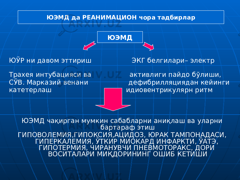 ЮЎР ни давом эттириш ЭКГ белгилари– электр Трахея интубацияси ва активлиги пайдо бўлиши, СЎВ. Марказий венани дефибрилляциядан кейинги катетерлаш идиовентрикулярн ритм ЮЭМД чақирган мумкин сабабларни аниқлаш ва уларни бартараф этиш ГИПОВОЛЕМИЯ,ГИПОКСИЯ,АЦИДОЗ, ЮРАК ТАМПОНАДАСИ, ГИПЕРКАЛЕМИЯ, ЎТКИР МИОКАРД ИНФАРКТИ, ЎАТЭ, ГИПОТЕРМИЯ, ЧИРАНУВЧИ ПНЕВМОТОРАКС, ДОРИ ВОСИТАЛАРИ МИҚДОРИНИНГ ОШИБ КЕТИШИЮЭМД да РЕАНИМАЦИОН чора тадбирлар ЮЭМД 