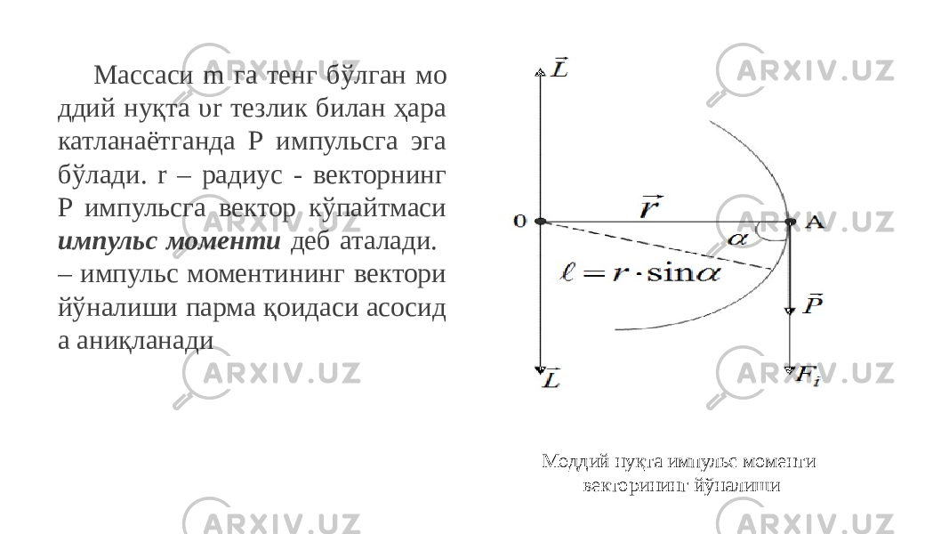 Массаси m га тенг бўлган мо ддий нуқта υr тезлик билан ҳара катланаётганда P импульсга эга бўлади. r – радиус - векторнинг P импульсга вектор кўпайтмаси импульс моменти деб аталади. – импульс моментининг вектори йўналиши парма қоидаси асосид а аниқланади Моддий нуқта импульс моменти векторининг йўналиши 