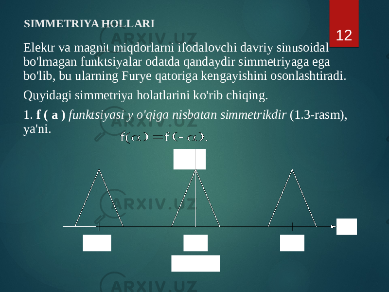 SIMMETRIYA HOLLARI Elektr va magnit miqdorlarni ifodalovchi davriy sinusoidal bo&#39;lmagan funktsiyalar odatda qandaydir simmetriyaga ega bo&#39;lib, bu ularning Furye qatoriga kengayishini osonlashtiradi. Quyidagi simmetriya holatlarini ko&#39;rib chiqing. 1. f ( a ) funktsiyasi y o&#39;qiga nisbatan simmetrikdir (1.3-rasm), ya&#39;ni. 12 aA m f ( a ) – 2p _ 2p _0 1.3-rasm)  a   ) a f f( 