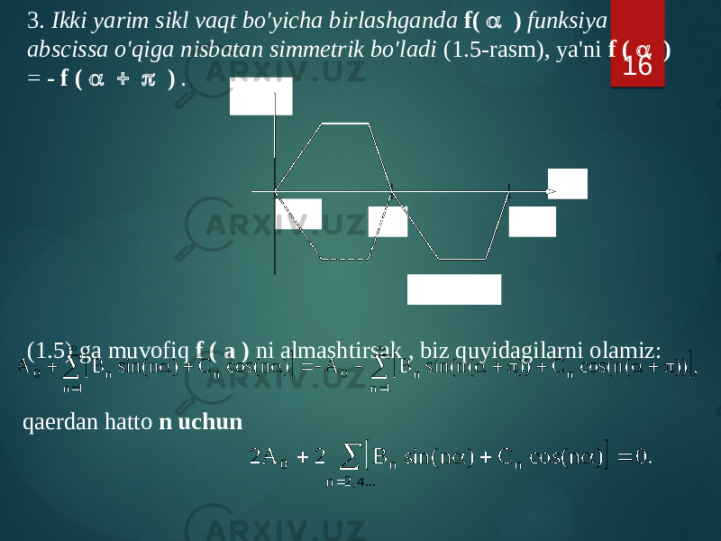 3. Ikki yarim sikl vaqt bo&#39;yicha birlashganda f( a ) funksiya abscissa o&#39;qiga nisbatan simmetrik bo&#39;ladi (1.5-rasm), ya&#39;ni f ( a ) = - f ( a  p ) . (1.5) ga muvofiq f ( a ) ni almashtirsak , biz quyidagilarni olamiz: 16 p0 af ( a ) 2p _ 1.5-rasm qaerdan hatto n uchun           p  a  p  a    a  a  1 n n n 0 1 n n n 0 , )) ( n cos( C )) ( n sin( B A ) n cos( C ) n sin( B A   . 0 ) n cos( C ) n sin( B 2 A 2 ...4,2 n n n 0  a  a    