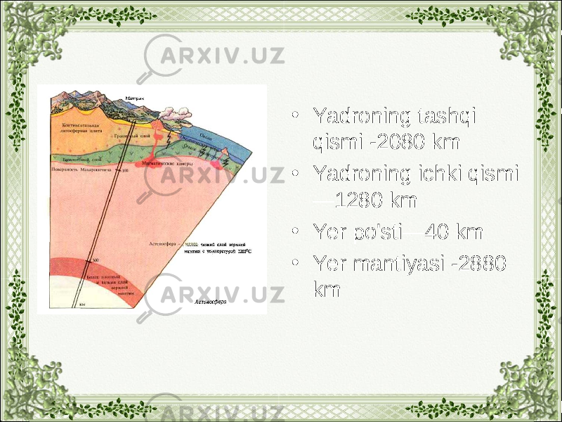 • Yadroning tashqi qismi -2080 km • Yadroning ichki qismi —1280 km • Yer po&#39;sti—40 km • Yer mantiyasi -2880 km 