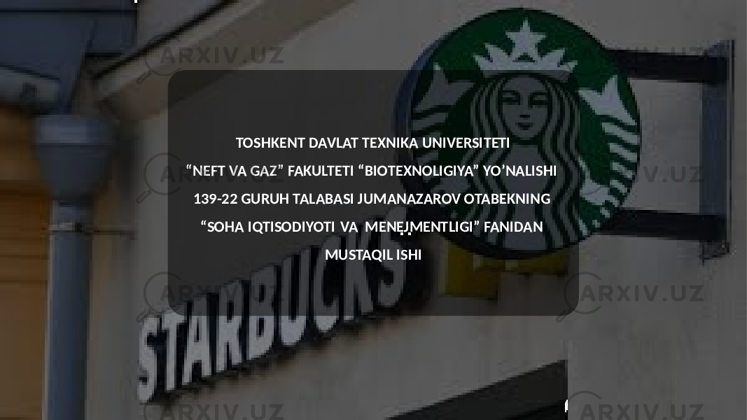 TOSHKENT DAVLAT TEXNIKA UNIVERSITETI “ NEFT VA GAZ” FAKULTETI “BIOTEXNOLIGIYA” YO’NALISHI 139-22 GURUH TALABASI JUMANAZAROV OTABEKNING “SOHA IQTISODIYOTI VA MENEJMENTLIGI” FANIDAN MUSTAQIL ISHI 