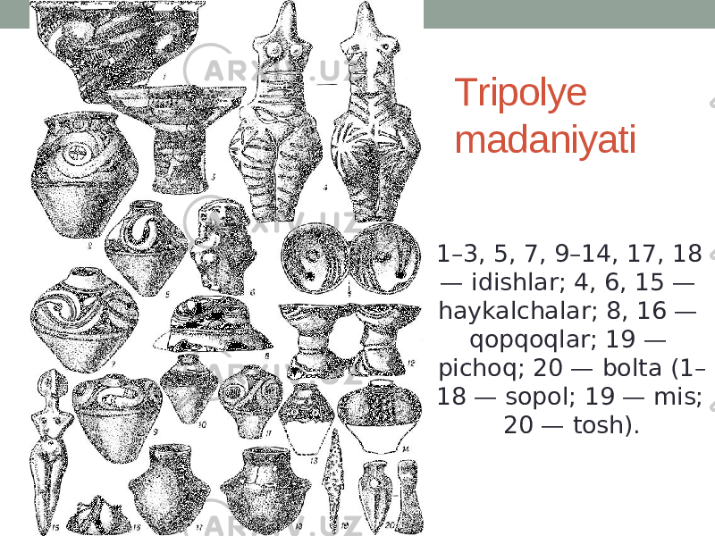 Тripolye madaniyati 1–3, 5, 7, 9–14, 17, 18 — idishlar; 4, 6, 15 — haykalchalar; 8, 16 — qopqoqlar; 19 — pichoq; 20 — bolta (1– 18 — sopol; 19 — mis; 20 — tosh). 