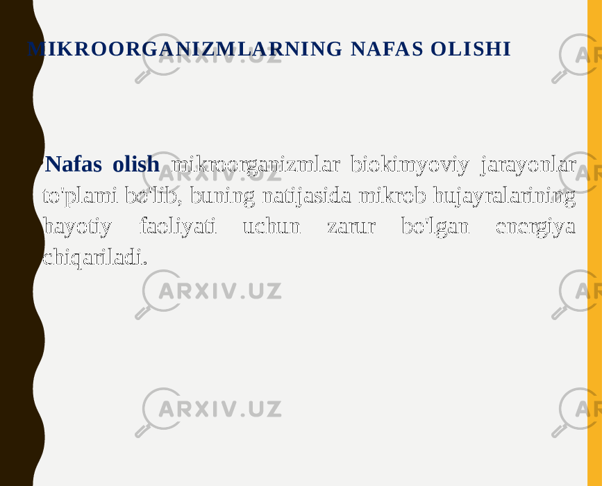 M I K R O O R G A N I Z M L A R N I N G N A FA S O L I S H I • Nafas olish mikroorganizmlar biokimyoviy jarayonlar to&#39;plami bo&#39;lib, buning natijasida mikrob hujayralarining hayotiy faoliyati uchun zarur bo&#39;lgan energiya chiqariladi. 