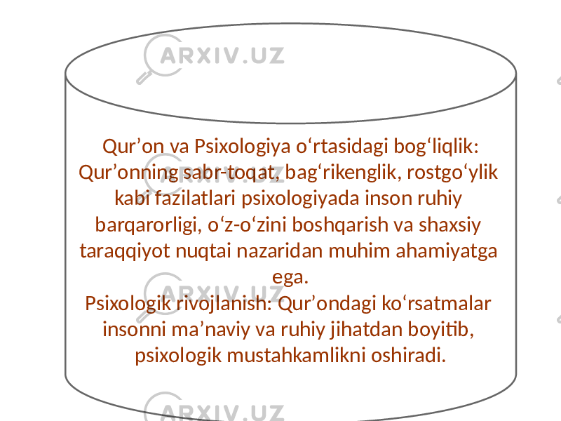 Qurʼon va Psixologiya o‘rtasidagi bog‘liqlik: Qurʼonning sabr-toqat, bag‘rikenglik, rostgo‘ylik kabi fazilatlari psixologiyada inson ruhiy barqarorligi, o‘z-o‘zini boshqarish va shaxsiy taraqqiyot nuqtai nazaridan muhim ahamiyatga ega. Psixologik rivojlanish: Qurʼondagi ko‘rsatmalar insonni maʼnaviy va ruhiy jihatdan boyitib, psixologik mustahkamlikni oshiradi. 