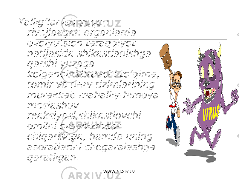 Yallig’lanish yuqori rivojlangan organlarda evolyutsion taraqqiyot natijasida shikastlanishga qarshi yuzaga kelganbiriktiruvchi to’qima , tomir va nerv tizimlarining murakkab mahalliy-himoya moslashuv reaksiyasi , shikastlovchi omilni organizmdan chiqarishga , hamda uning asoratlarini chegaralashga qaratilgan . WWW.ARXIV.UZ 