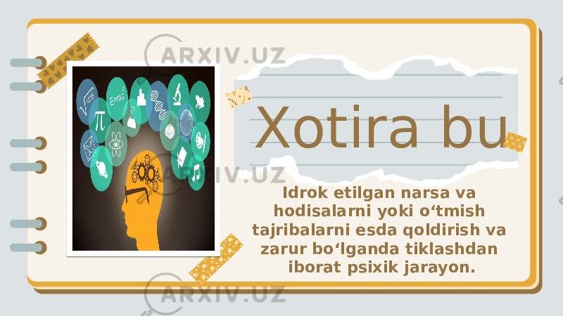 Idrok etilgan narsa va hodisalarni yoki oʻtmish tajribalarni esda qoldirish va zarur boʻlganda tiklashdan iborat psixik jarayon. Xotira bu 